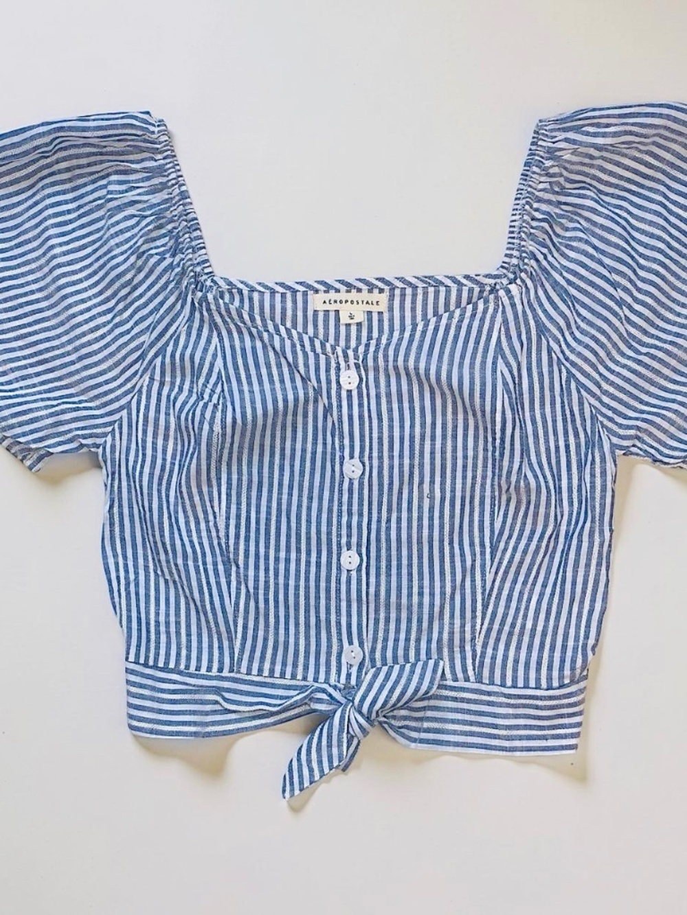 Aeropostale Blue and White Striped Tie-Front Square Neck Top